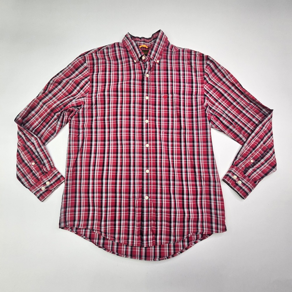 Timberland Button Down Shirt Mens Size M Red Plaid Long Sleeve Good Casual Logo